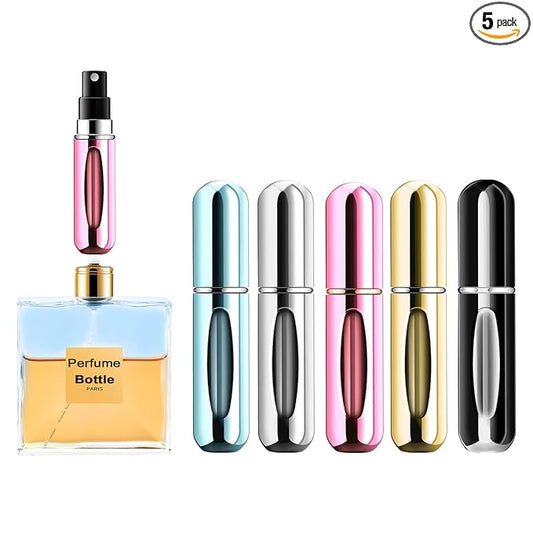 Portable Mini Perfume Atomizer Bottle, Refillable Spray, Scent Pump Case, Travel Atomizer (5ml, 5 Pack) (Pink, Gold, Black, Silver, Blue)