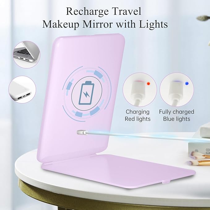 FUNTOUCH Rechargeable Travel Makeup Mirror Lights, Portable 72 Led Lighted Makeup Mirror, 3 Color Lighting, Dimmable Touch Screen, Type C, Tabletop LED Folding Cosmetic Vanity Mirror-Purple