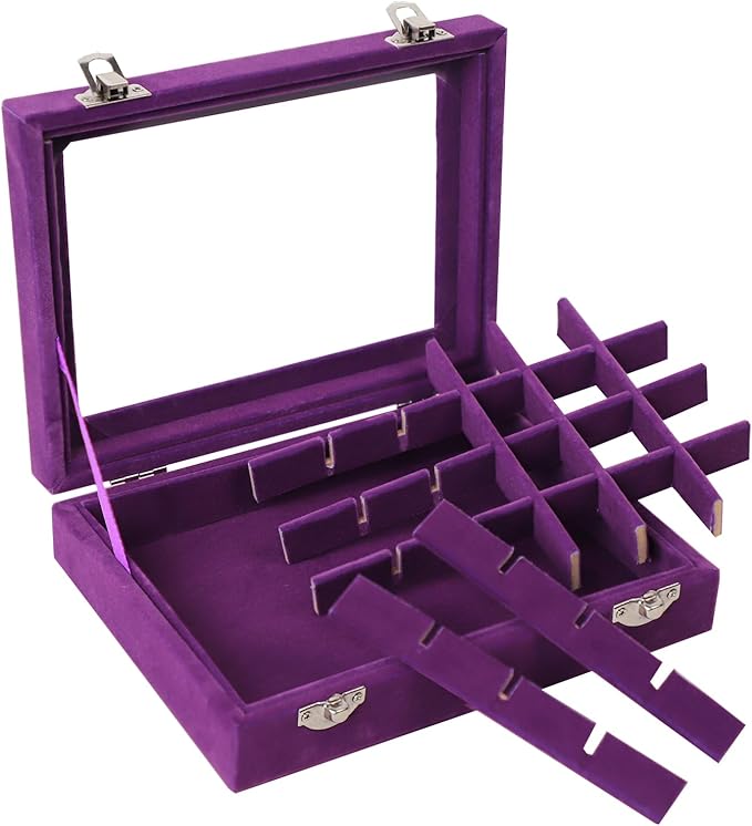 Velvet Jewelry Box 24 Grid Jewelry Earrings Display Organiser Box Ring Tray Holder Earrings Storage Case for Girls Women Wife Mom (Purple)