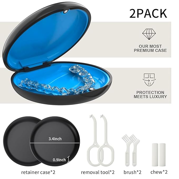 2 Pack Retainer Case (1 with Mirror + 1 Standard), Portable Travel Accessory Kit - Black