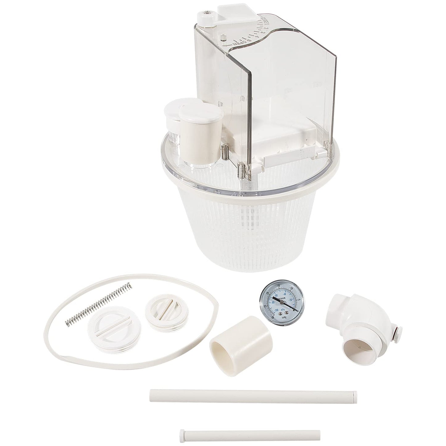 R211100 Vac-Mate Pool Cleaner Dispenser Box – Multi-Function Vacuum Skimmer Attachment – Includes Basket, Pressure Gauge & Easy Install Kit