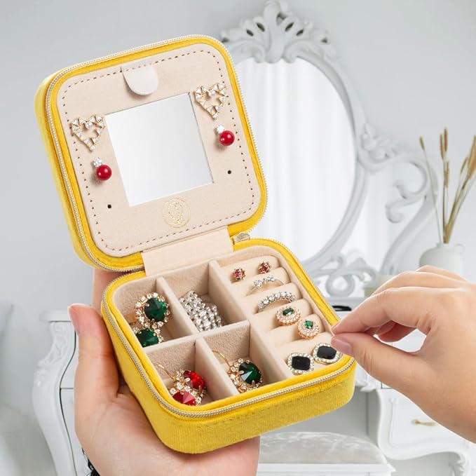 Plush Velvet Travel Jewelry Case, Organizer, Box, Small Case for Women, Earring Organizer with Mirror, Best Gifts For Daughter, Girlfriend, Mom | Gifts For Her - Yellow