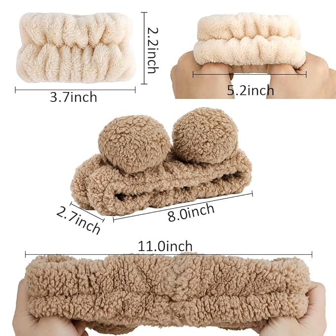 AHONEY Spa Bear Ears Headband, Face Wash Wristband Set, Cute Makeup Skincare Headbands Wrist Bands for Washing Face Elastic Fluffy Headband for Women Girls Cosmetic (Khaki)