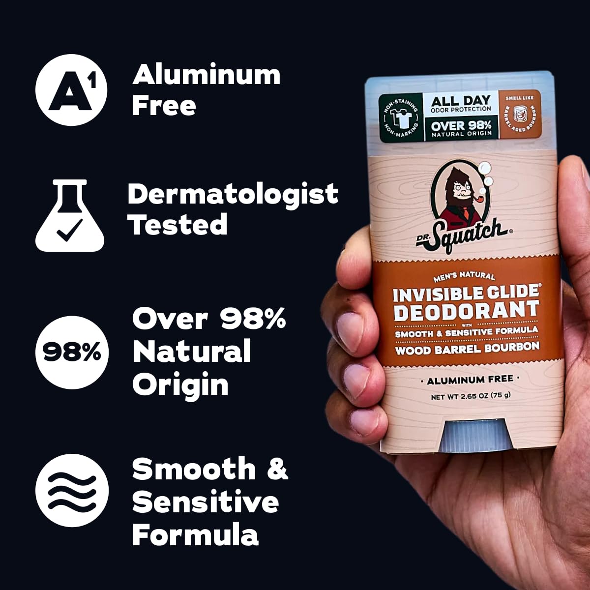 Dr. Squatch Invisible Glide Natural Men’s Deodorant – Smooth Glide, No Stains – Aluminum Free Deodorant Men – Safe for Sensitive Skin – Wood Barrel Bourbon + Rainforest Rapids, 2.65oz (2-Pack)