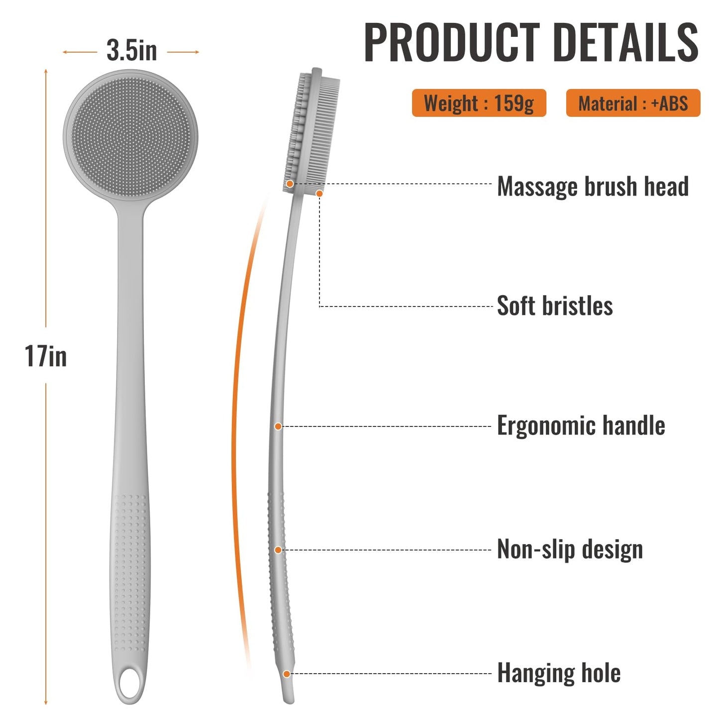 Silicone Back Scrubber for Shower, 17in Lengthen Long Handle Body Brush, Double Sided Shower Brush for Shower Exfoliating and Massage Can Produce Rich Foam, Long Handle Back Scrubber for Men
