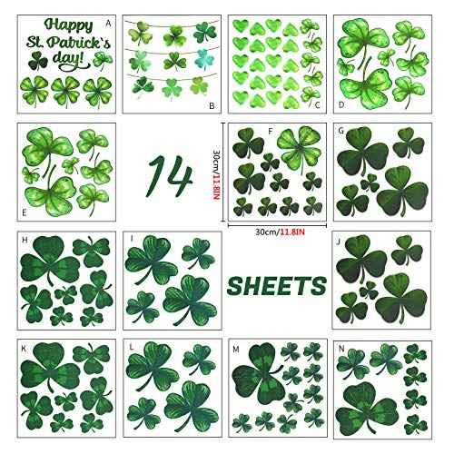 14 Sheets St. Patrick¡¯s Day Wall Sticker Decorations, Large Shamrock Wall Decals for Home School Office Decor Party Supplies Ornaments, 108 PCS