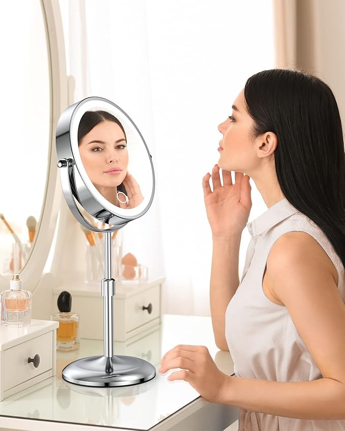 Benbilry Lighted Makeup Mirror with Magnification 10X & 3 Color Lights, Adjustable Brightness & Height, 7 Inch 360° Swivel Rechargeable LED Magnifying Make Up Vanity Mirror with Lighting (Silver)