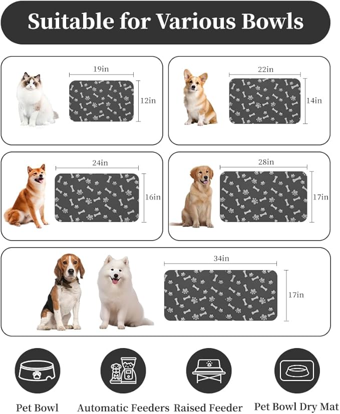 MontVoo Dog Food Mat-Pet Feeding Mat for Food and Water-No Stains Quick Dry Dispenser Cat Bowl Mat for Messy Drinkers(17"x34" Dark Grey)