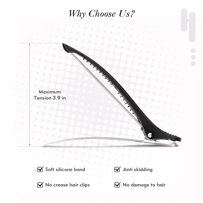 12Pcs 4.3” Long Hair Sectioning Clips, Creaseless Non-Slip Hair Styling Clips with Silicone Band, Professional Sectioning Hair Clips for Styling, Cutting and Rollers