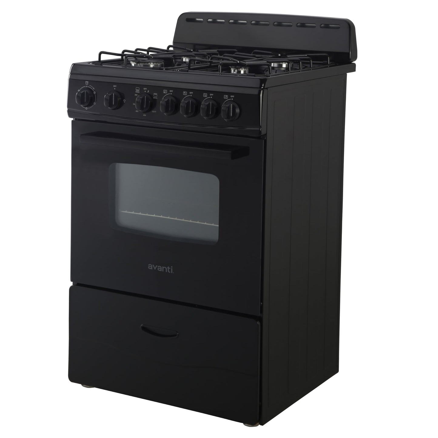 Avanti Gas Range Oven, Compact Freestanding Design, 4 Sealed Burners with Electronic Ignition, 2.6 Cu.Ft. Capacity Features Storage Drawer Broiler and Accessories, 24-Inch, Black