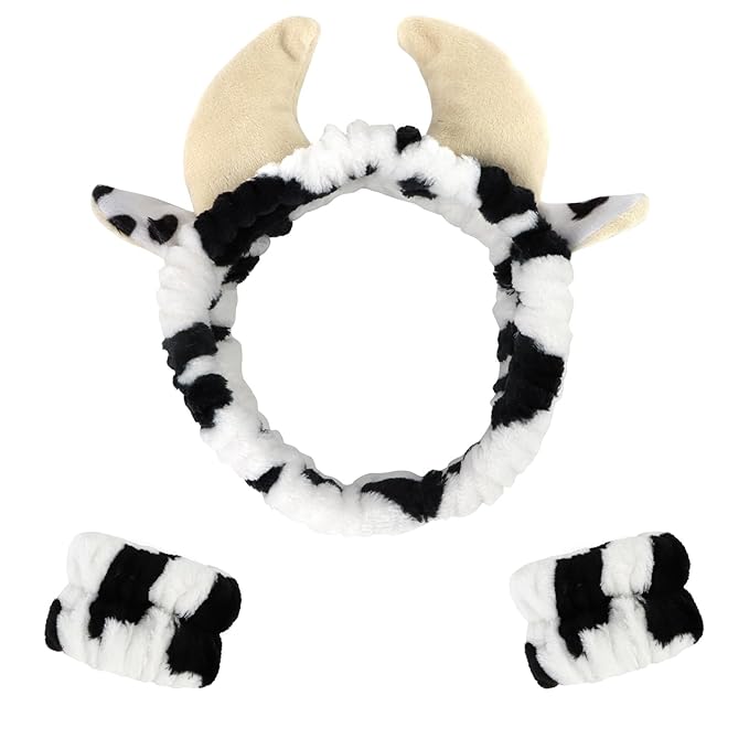 CAVETEE 3 Piece Hairband and Wristband Set, Black&white Cow Horn, Spa Cosmetic Elastic Makeup Headband and Wristband for Women Girl Wash Face Skincare Makeup Shower Spa Headband