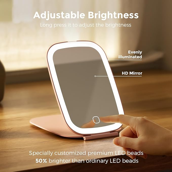 Rechargeable Travel Makeup Mirror with LED Light, 3 Lighting Modes, 7 x 5 Inch Foldable Vanity Mirror for Desk or On The Go, Pink