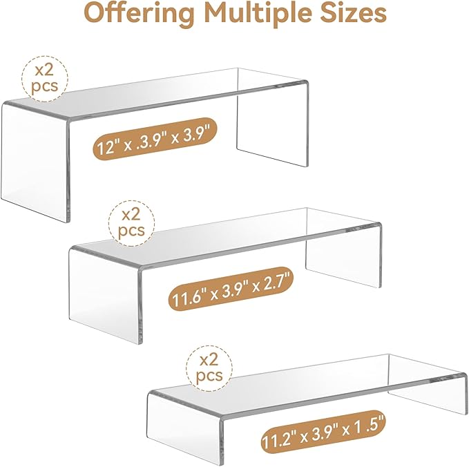 ANDGOO Large Acrylic Display Risers, 2 Sets(11.2Ã¢ÂÂL~11.6Ã¢ÂÂL~12Ã¢ÂÂL) Clear Rectangular Showcase Collectibles Display Shelf, Retail Desktop Risers Display Stand for Organize and Decoration