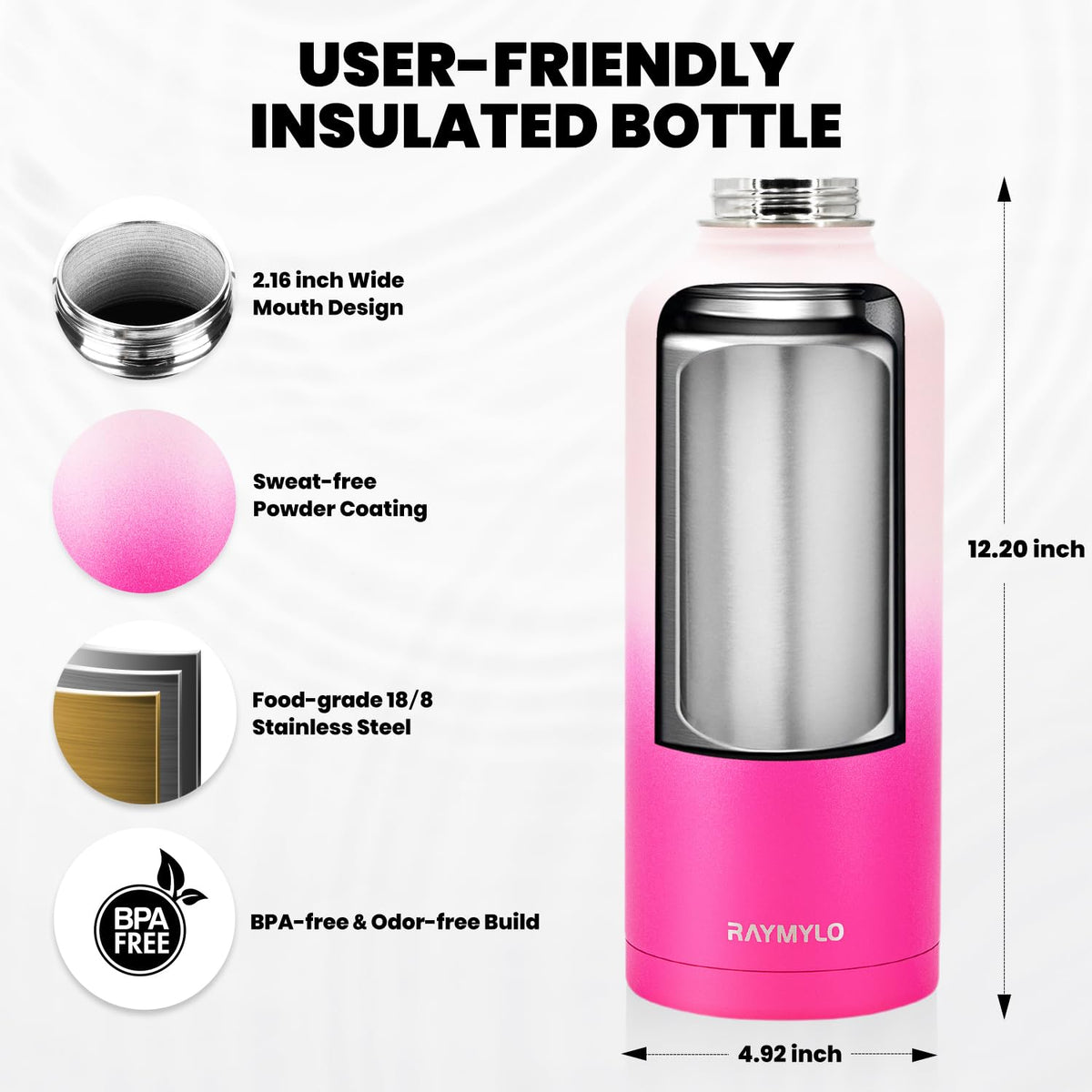 RAYMYLO Insulated Water Bottle 87 oz, Triple Wall Vacuum Stainless Steel (Cold for 48 Hrs), Leak Proof & Non-BPA, Modern Water Flask Jug with Paracord Handle & Straw Spout Lids, Ombre Pink
