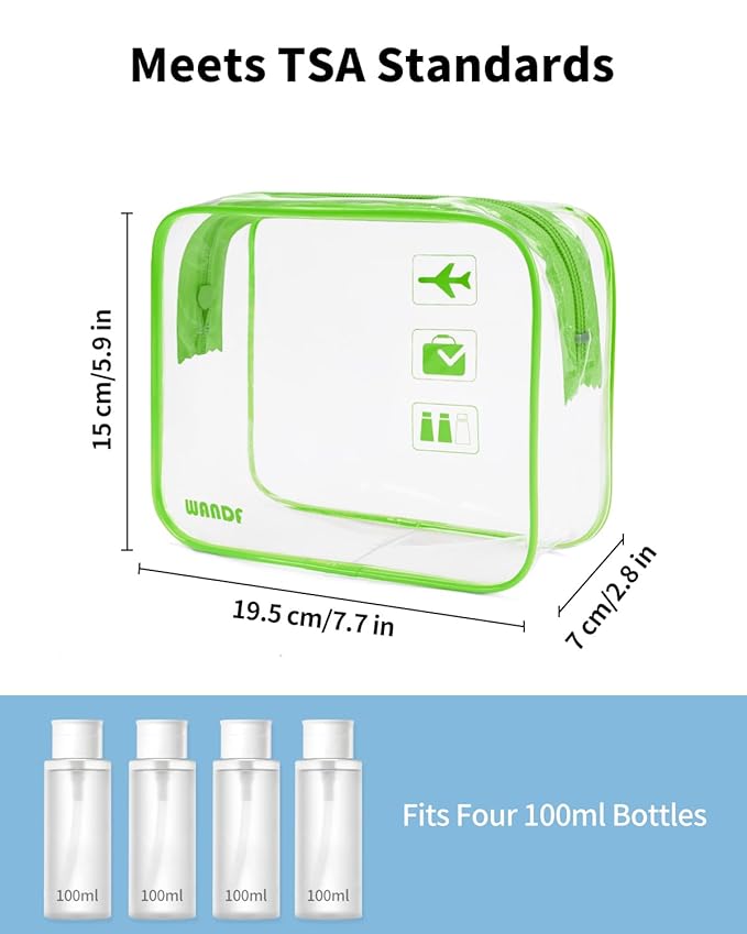 WANDF TSA Approved Toiletry Bag, 2 Packs Travel Clear Toiletry Bag, Quart Size Makeup Cosmetic Pouch with Zipper, Carry-On Airport Compliant Bag for Women and Men (2pcs Green)