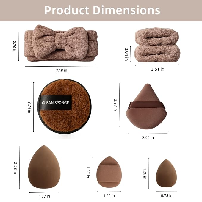 20 Pcs Makeup Sponges Set Beauty Blender Triangle Puffs Mini Sponge Spa Headband & Wristband Remover Pad Cosmetic Applicator for Powder Foundation Liquid Cream Multi - Functions Kit (Brown)