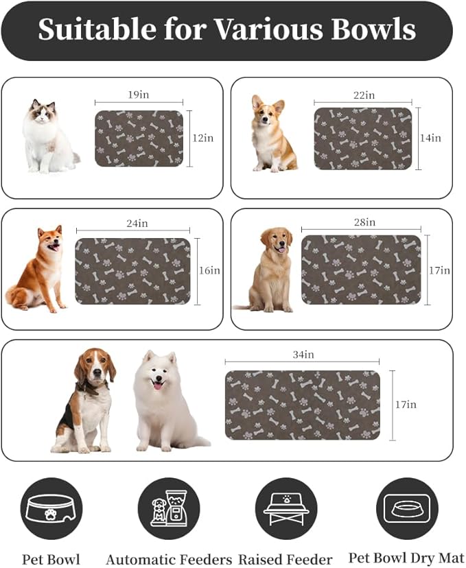MontVoo Dog Food Mat-Pet Feeding Mat for Food and Water-No Stains Quick Dry Dispenser Cat Bowl Mat for Messy Drinkers(12"X19" Brown)