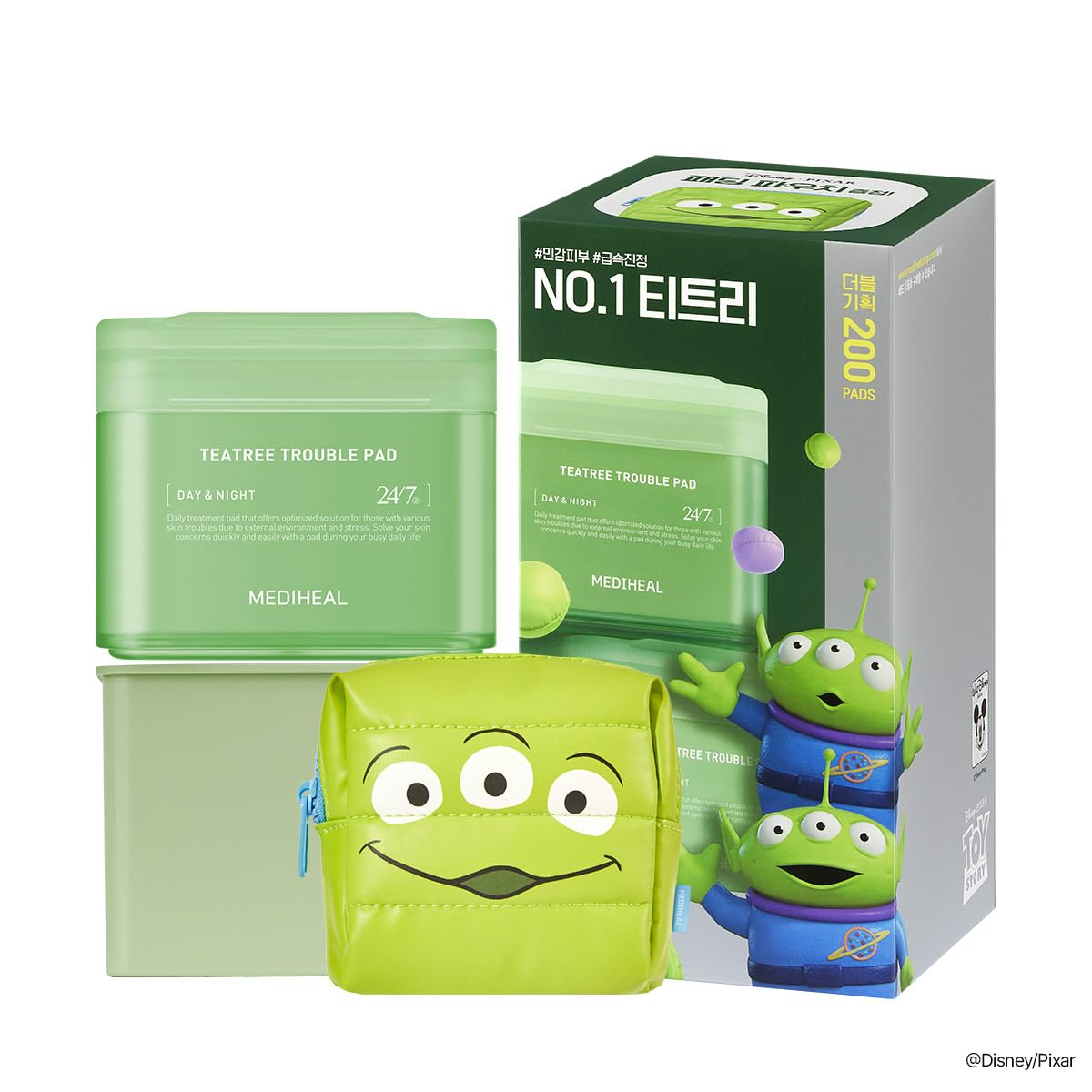 MEDIHEAL Toner Pads [Teatree] Trouble Care - Disney Pixar Edition - Quick Soothing for Sensitive Skin - Lactobacillus Acne Prone Skin - Vegan Face Gauze, Full size 100 + Refill 100 (200 Count)