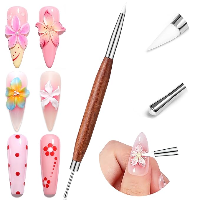 SAVILAND Nail Art Sculpture Pen: Silicone & Metal Dual Tipped Nail Brushes Silicone Nail Art Tools for Design Nail Foil Carving Drawing Shaping Effect Nail Art Pens Sandalwood Handle for Home DIY