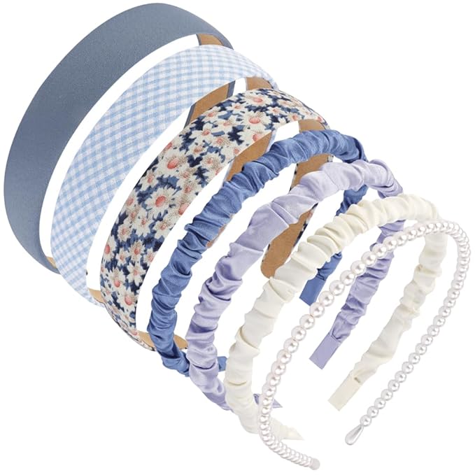 AHONEY 7 Pack Headbands for Girls Women Headbands Trendy Non Slip Hairbands Cute Hair Accessories Multi-style Preppy Headband Pack Diademas Para Mujer (Blue)