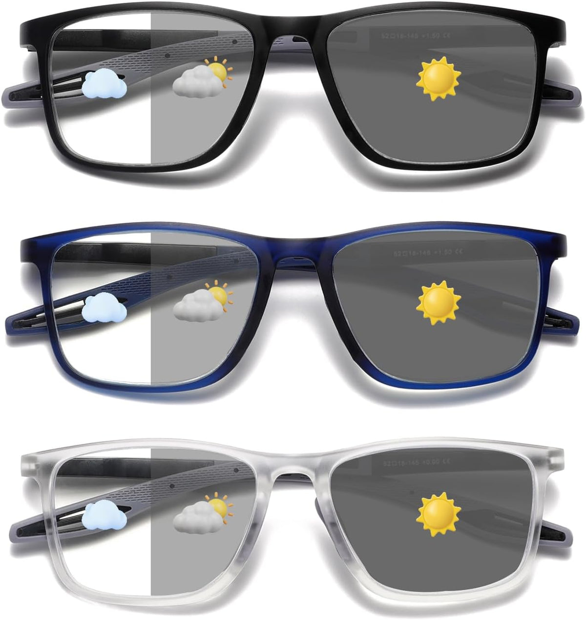 Hubeye Photochromic Reading Glasses for Men and Women TR90 Sport Reader Anti Glare UV Ray Filter （Photochromic Black/Photochromic Blue/Photochromic Clear，1.5）