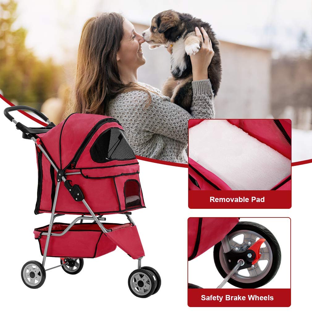 BestPet 3 Wheels Pet Dog Stroller Cat Cage for Medium Small Dogs Cats Travel Folding Carrier Waterproof Puppy Stroller with Cup Holder & Removable Liner,Red