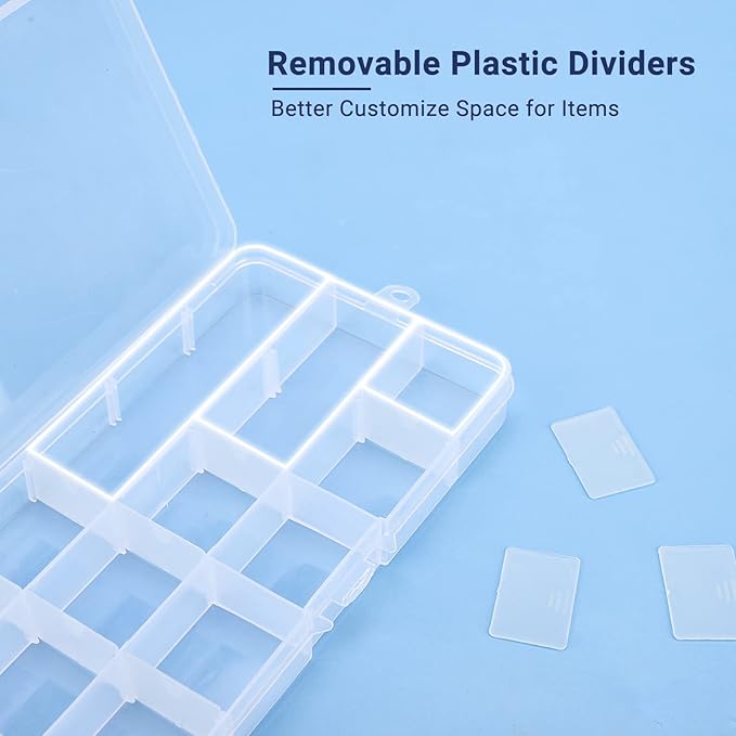 Rhinestone Organizer Storage Box, 4PCS 15-Grid Small Clear Plastic Jewelry Case, Empty Container Dividers for Nail Art Craft Accessory, Display Holder for Fishing Tackle, Bead, Charms, Sewing