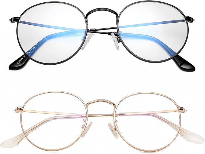 HJSTES Round Blue Light Glasses for Women Men Retro Circle Clear Lens Metal Frame Eyeglasses