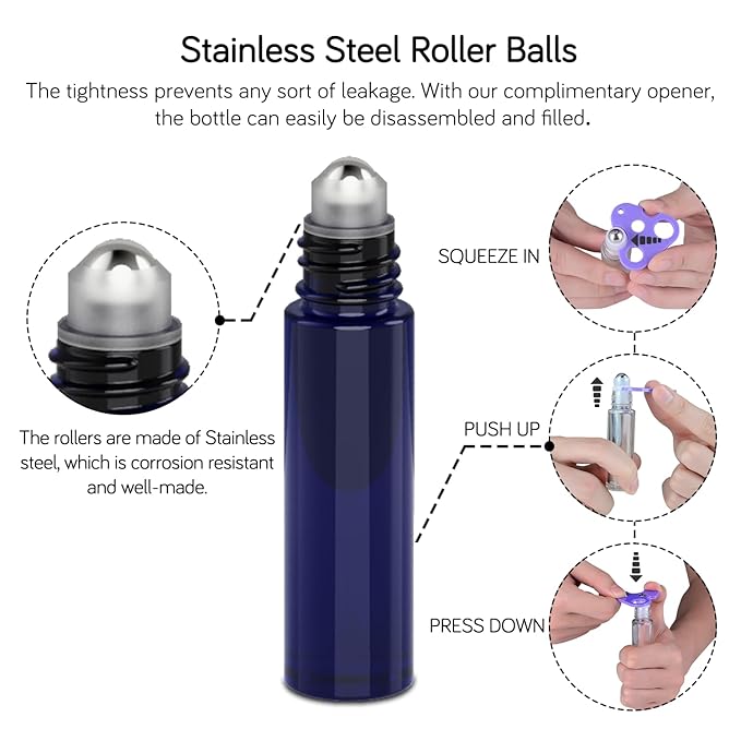 PrettyCare 10 ml 4 Pack Essential Oil Roller Bottles with Stainless Steel Roller Ball - Refillable Leak-proof Empty Thick Blue Glass Roll on Bottles with Black Caps for Travel, Perfume