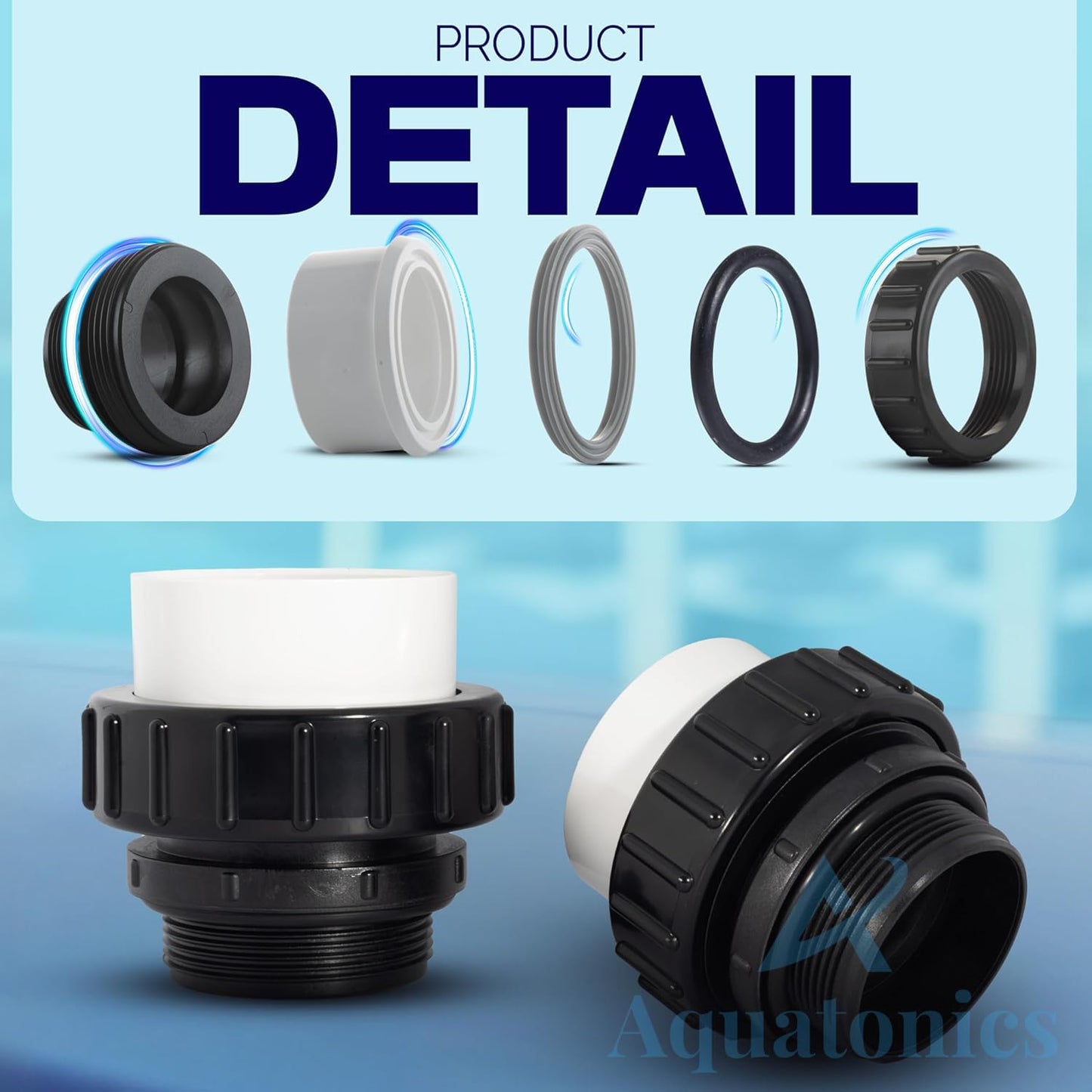 Aquatonics High-Temp Joints – 2-Pack 1-Set Hi Temp Union Compatible with Whisperflo, Intelliflo – 2" Threaded Connectors for PVC Pipes – 2-inch PVC Union Replacement for Pool Pumps