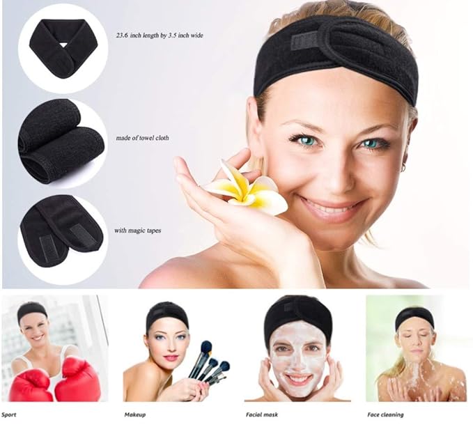 2 Pack Facial Spa Headband with Magic Tape - Terry Cloth Head Wrap for Bath, Makeup, Yoga and Sport, Black