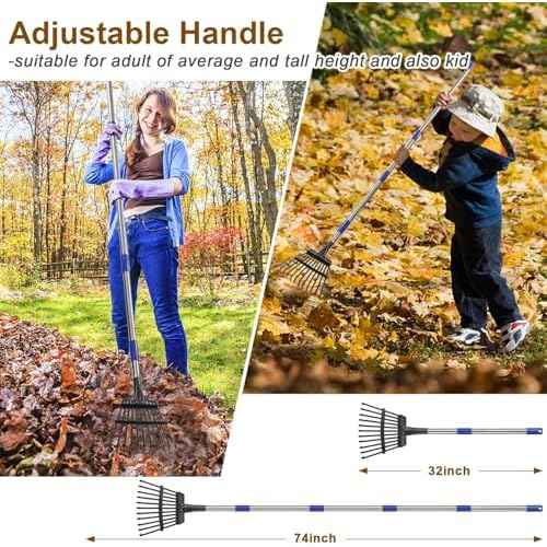 Garden Rake for Leaves, Leaf Rakes Heavy Duty for Yard,Lawn,Shrub,Grass,Mulch, 18" Metal Head,6ft Adjustable Long Handle,Adults Kids Rake for Gardening