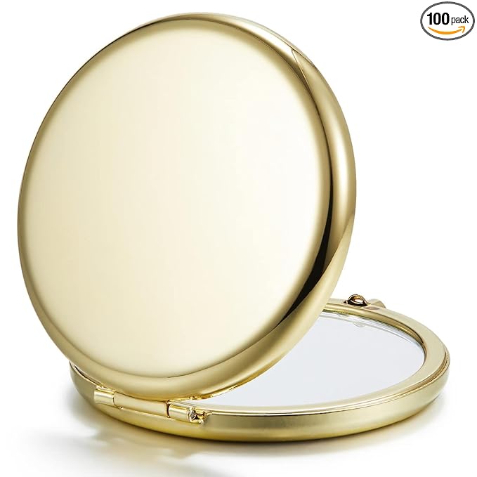 Compact Mirror Bulk, Set of 100 Double-Sided 1X/2X Magnifying Metal Pocket Makeup Mirrors(Round, Gold)