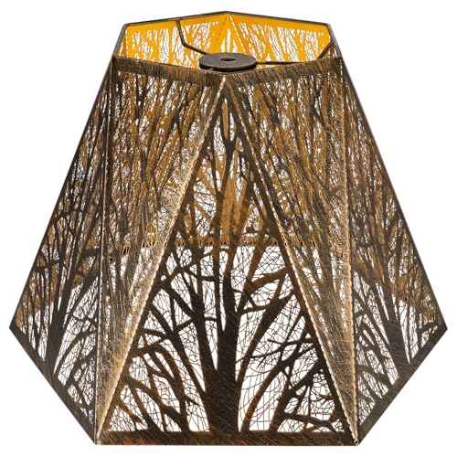 Etched Metal Lampshade, Hexagonal Lamp Shade with Antique Bronze Exterior&Gold-plated Interior, 7" Top x 13.8" Bottom x 9.5" Height, Spider Fitter