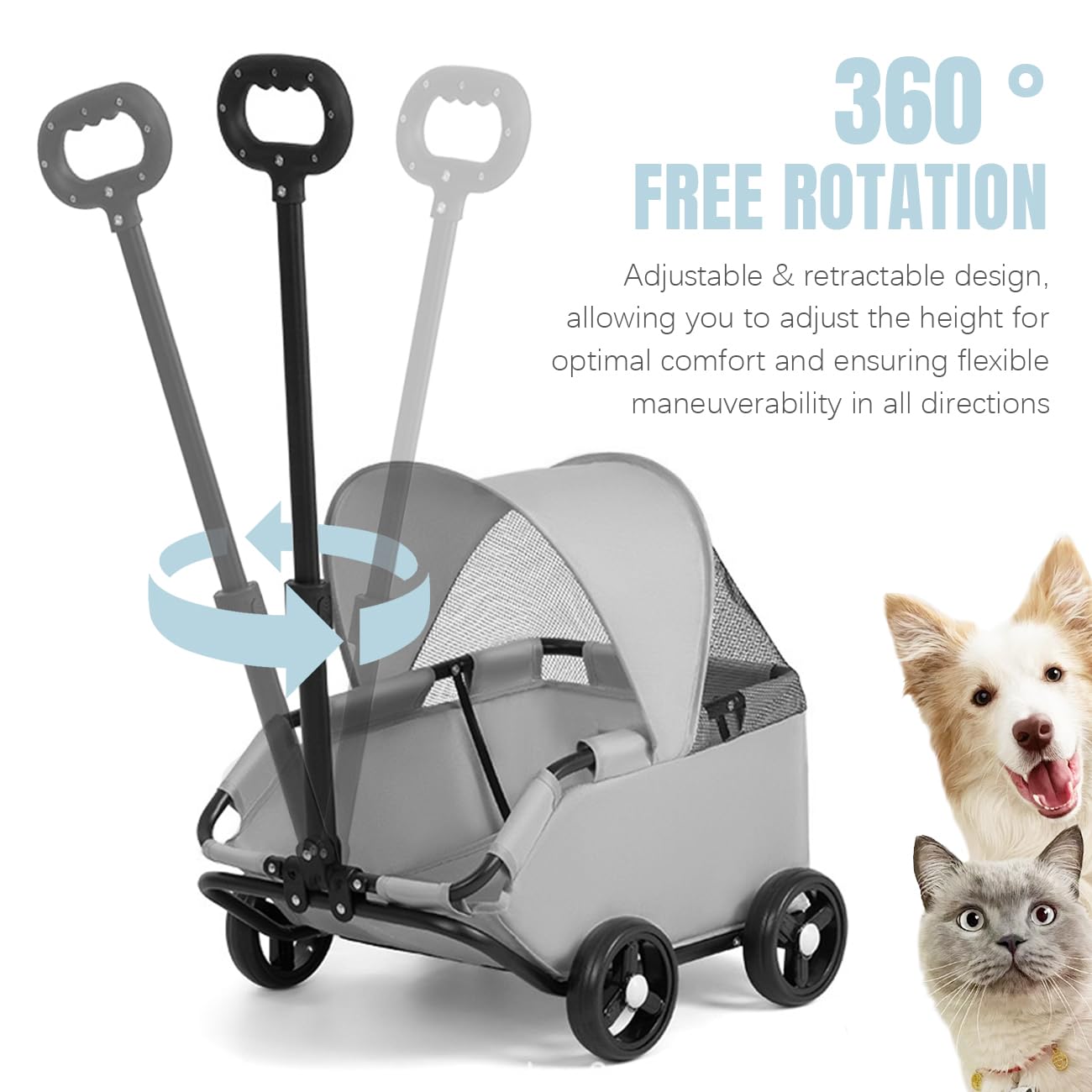 La La Pet 4-Wheel Dog Stroller with Sunshade Cover Collapsible Mesh Canopy Portable Pet Carrier for Outdoor Travel Shopping Walking Suitable for Small Dogs and Cats Gray