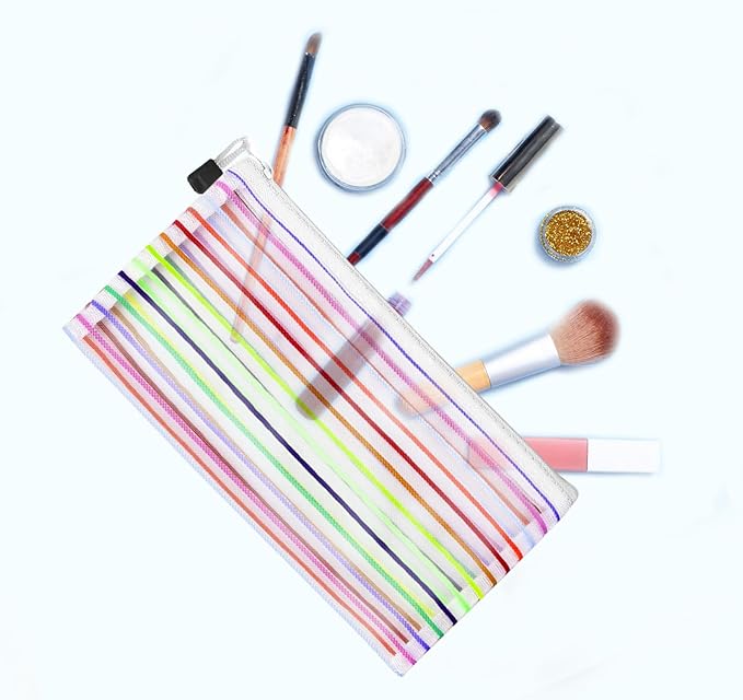 Mesh Bags with Zipper (6 Pack), Nylon Makeup Bag Cosmetic Pouches Travel Organizer Case for Purse Diaper Bag Home Organizing Striped Multi Size White