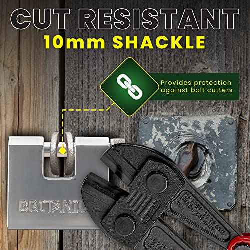 Britanium¢ç BRX66 Heavy Duty Container Padlock?with 5?Keys ? 10mm Cut Resistant Shackle, Anti Drill Brass Cylinder | High Security Lock for Shipping Container, Garage, Shed, Gate