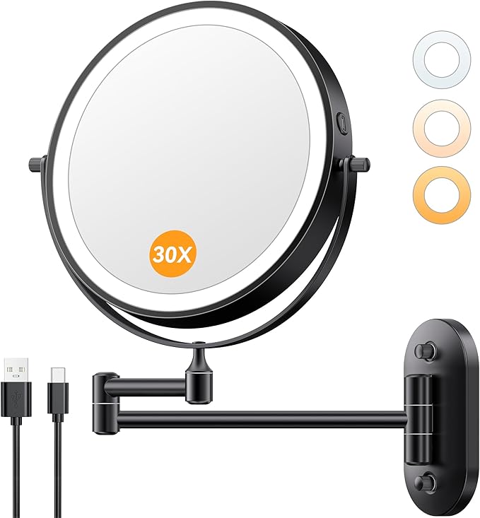 Auxmir 1X/30X Wall Mounted Lighted Makeup Mirror, 8" Rechargeable Double-Sided Magnifying Mirror with Light, Touch Dimmable 3 Color Light, 360° Rotation Foldable Extended Arm, Black