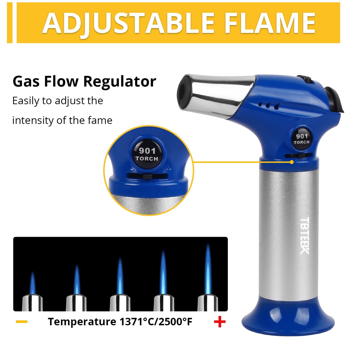 TBTEEK Butane Torch T901, Kitchen Torch Cooking Torch with Safety Lock & Adjustable Flame for Cooking, BBQ, Baking, Brulee, Creme, DIY Soldering(Butane Not Included), Blue