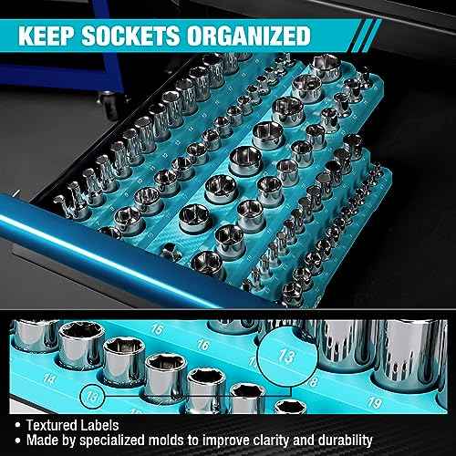 DURATECH Magnetic Socket Organizer Set, 1/4", 3/8", 1/2" Drive Metric Socket Holders Socket Trays for Tool Box and Tool Cart, Hold 74 Pieces Standard Size Deep Size Sockets (Sockets Not Included)