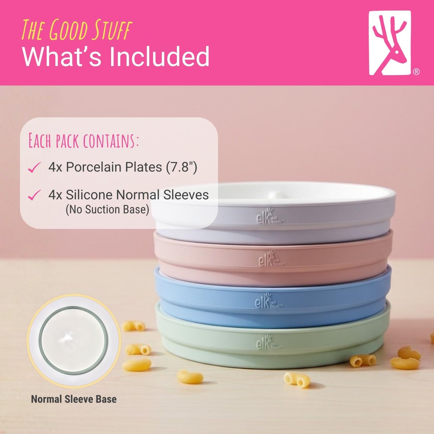 Elk and Friends Kids 7.8” Porcelain White Plates with Silicone Sleeves | Divided Plates | Suitable for Kids/Toddlers | Microwave & Dishwasher Safe | Non Slip | Snack Dishes…