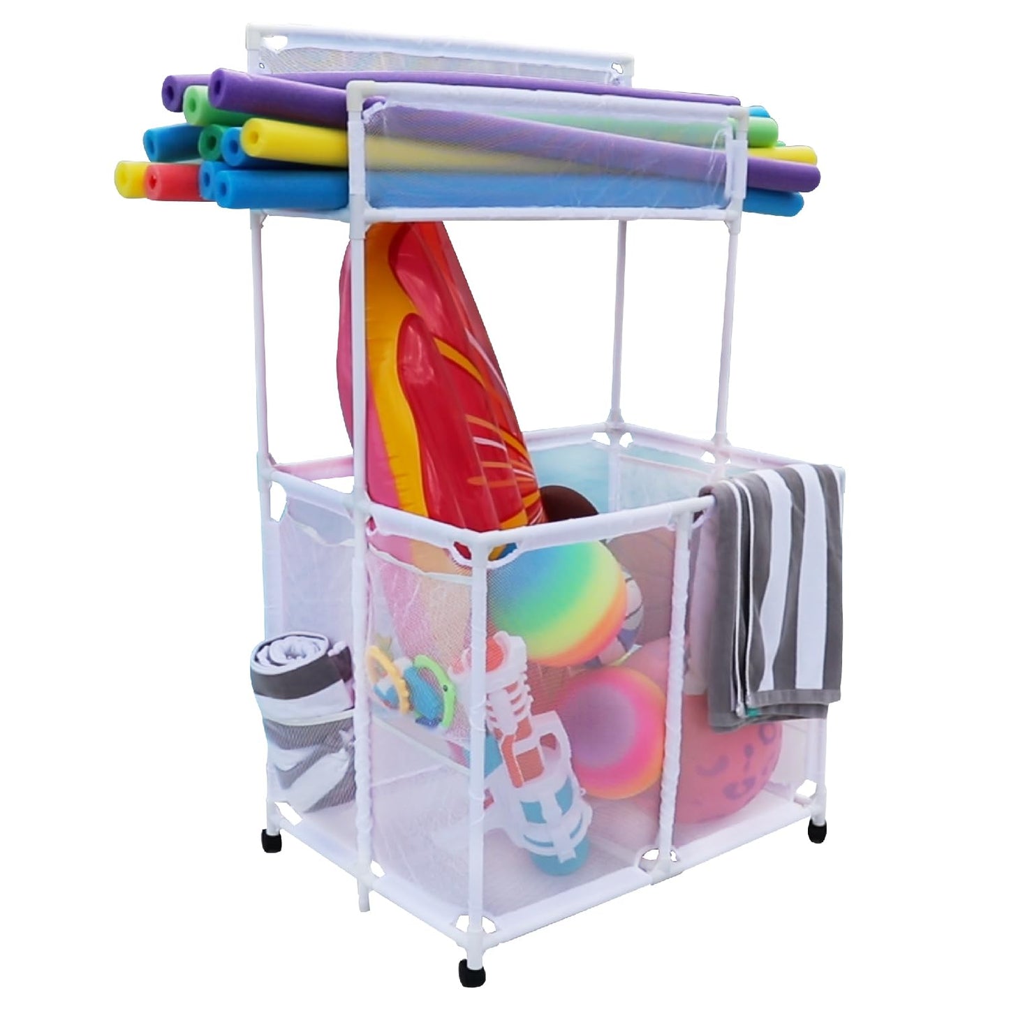 Essentially Yours Pool Storage Equipment Organizer Holder - Noodles, Toys, Balls and Floats Mesh Rolling Double Decker Bin, Large with Noodle Holder, (35.3" W x 23" L x 59.4" H), White Style 561935