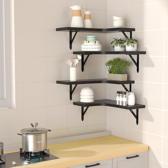 ROMGUAR CRAFT Corner Floating Shelves Wall Mounted Set of 4, Rustic Wood Storage Display Shelves for Home Decor, Bathroom, Kitchen, Bedroom, Living Room, Office (Black)