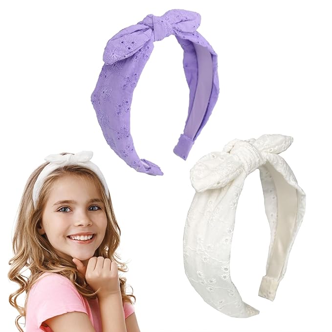 Bow Headbands for Girls, Thin Headband with Bow Women Hair Accessories Fashion Knotted Head Band Non Slip for Girls(Purple/White, 2Pcs)