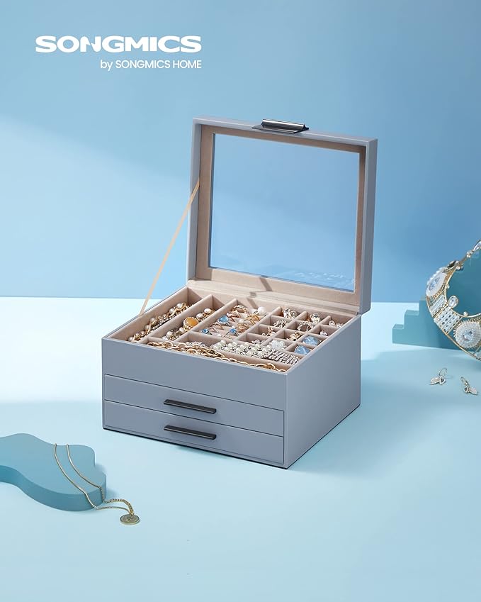 SONGMICS GISELLA Collection - Jewelry Box Organizer, 3-Layer Jewelry Storage with 2 Drawers, Shiny Metal Hardware, Glass Lid, Modern, 8 x 9.1 x 5.3 Inches, Smoky Blue and Silver Color UJBC239BU