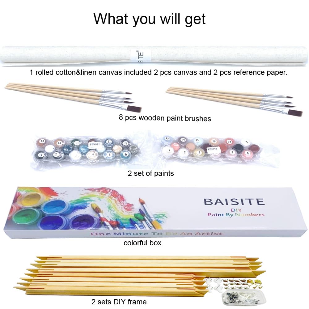 BAISITE Paint by Numbers Kit for Adults Beginners,12" Wx16 L 2 Pack Canvas for Painting Kits for Adults in Colorful Box-PBN281-282-DIY Frame