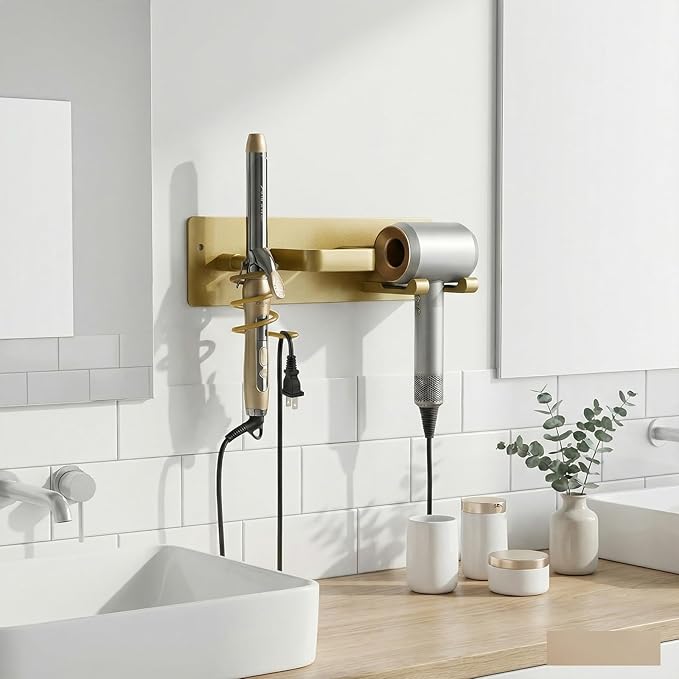 Blow Dryer Holder Wall Mount, 3 in 1 Bathroom Hair Tool Organizer with Curling Iron Holder & Flat Iron Holder, Universal Hair Dryer Holder Rack Storage (Champagne Gold)