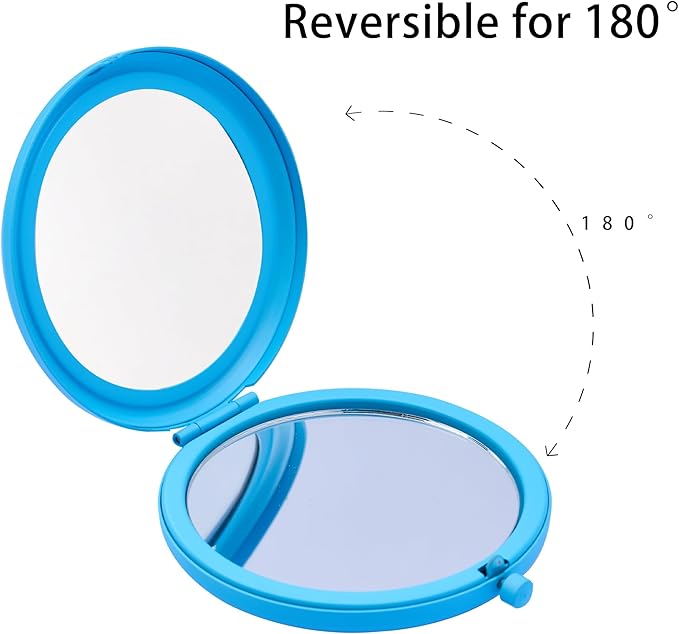 Compact Mirror for Purse, Metal Round Shell, Double-Sided 1X/2X Magnifying, Portable Travel Makeup Mirror, Mini Pocket Mirror, Deep Sky Blue, 2 Packs