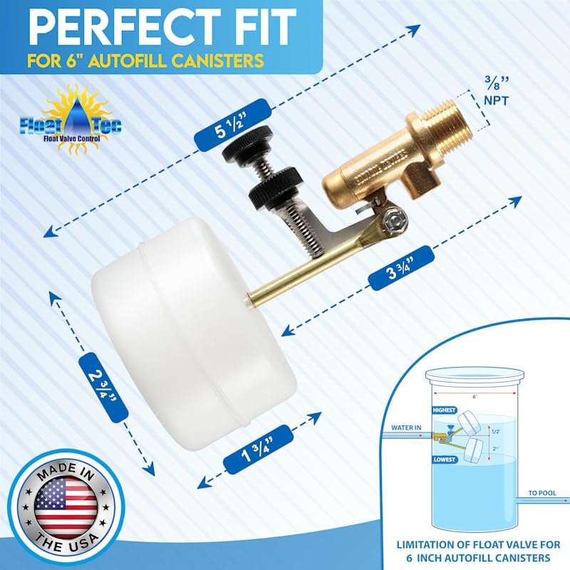 Float Tec Letro Pentair T26 EZ Adjustment Brass Float Valve 3/8" NPT Male Threads 3" Arm Autofill, Pool & Spa Water Filler Leveler, Fits 6" Canister