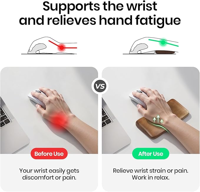 Walnut Wooden Wrist Rest for Mouse and Keyboard, Ergonomic Design for Wrist Pain Relief, Smooth No Odor and Easy to Clean, Support Wrist to Coding Typing and Playing (for Mouse or One Handed)